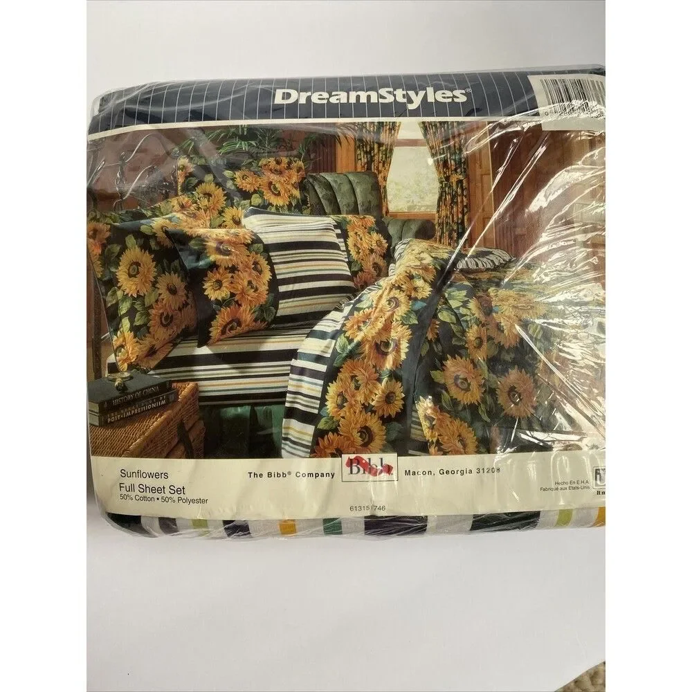 DreamStyles BY BIBB 4-Piece Full Sheet Set Striped ,Sunflowers NEW Vintage